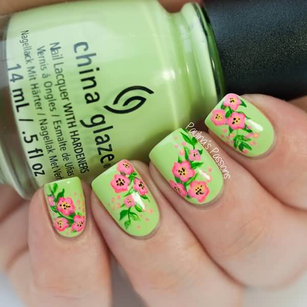 Green Nails With Pink Flowers Nail Art