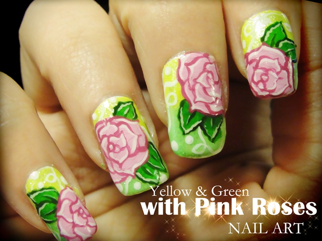 Green Nails With Pink Rose Flowers Nail Art