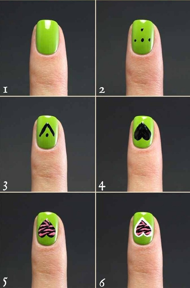 Green Nails With Pink Zebra Print Heart Design Nail Art Tutorial