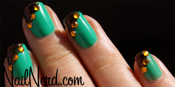 Green Nails With Rhinestones Design