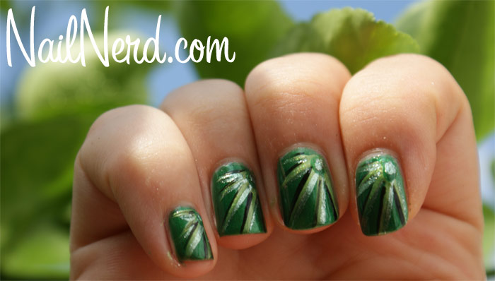 Green Nails With Silver Stripes Flower Design Nail Art