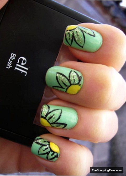 Green Nails With Sunflower Design