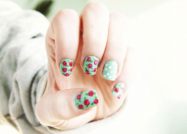 Green Nails With Vintage Pink Rose Flowers Nail Art