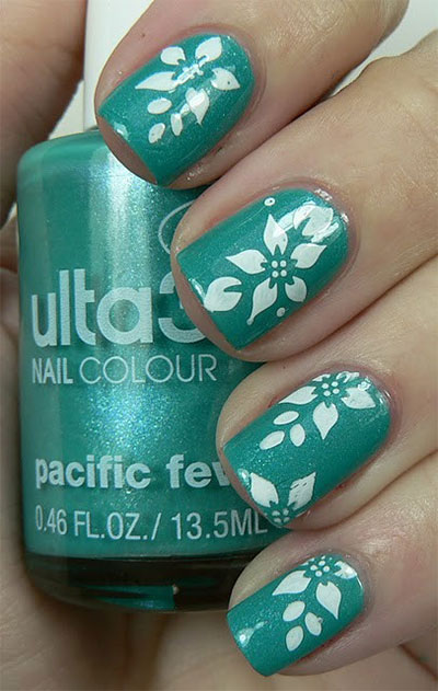 Green Nails With White Floral Nail Art