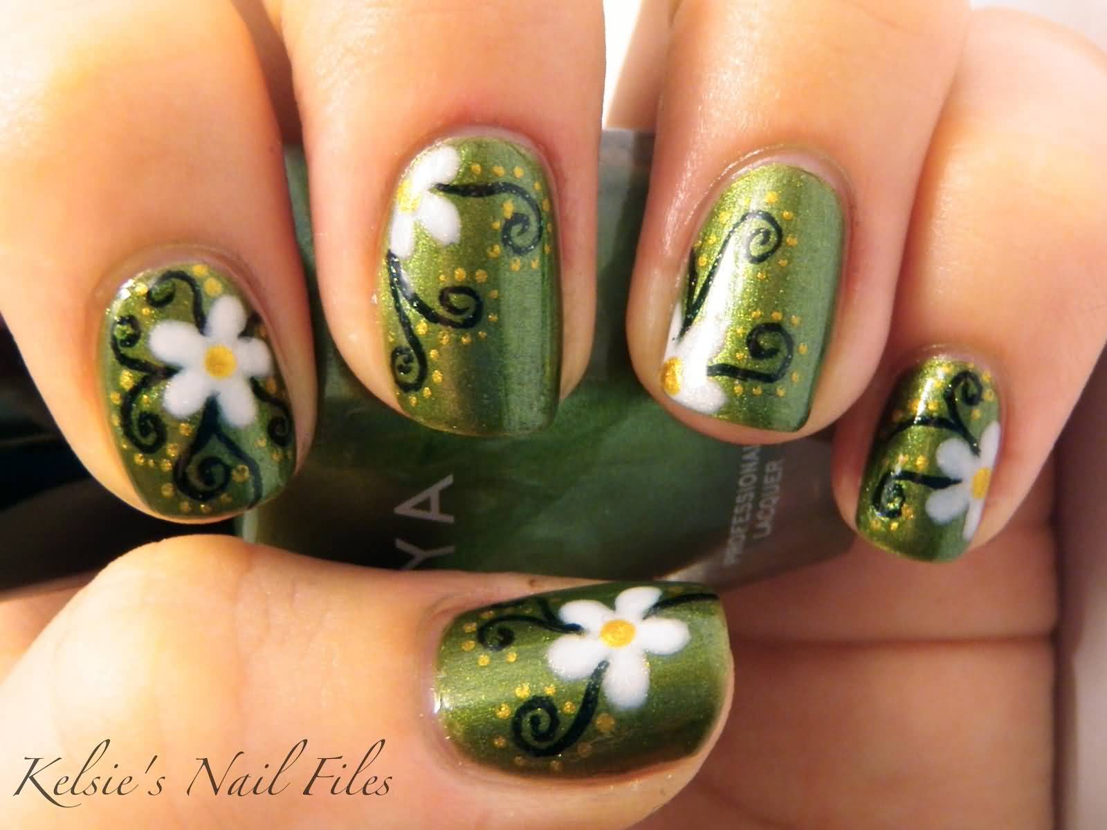 Green Nails With White Flower Nail Art