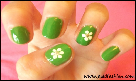 Green Nails With White Flowers Nails Art