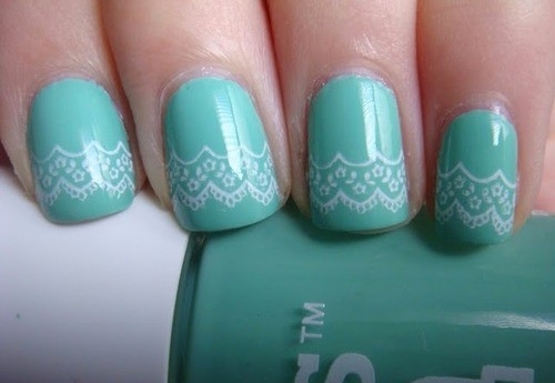 Green Nails With White Lace Design Nail Art