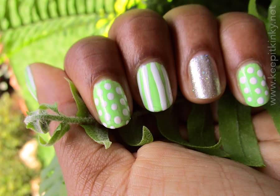 Green Nails With White Stripes And Polka Dots Nail Art