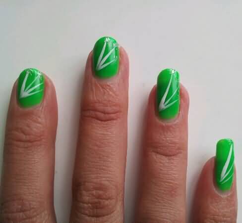 Green Nails With White Stripes Floral Design