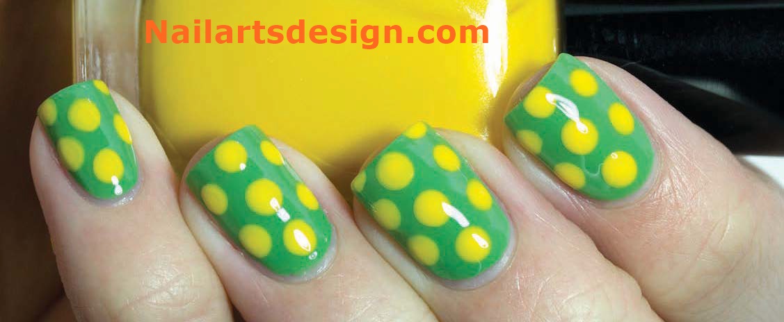 Green Nails With Yellow Polka Dots Nail Art