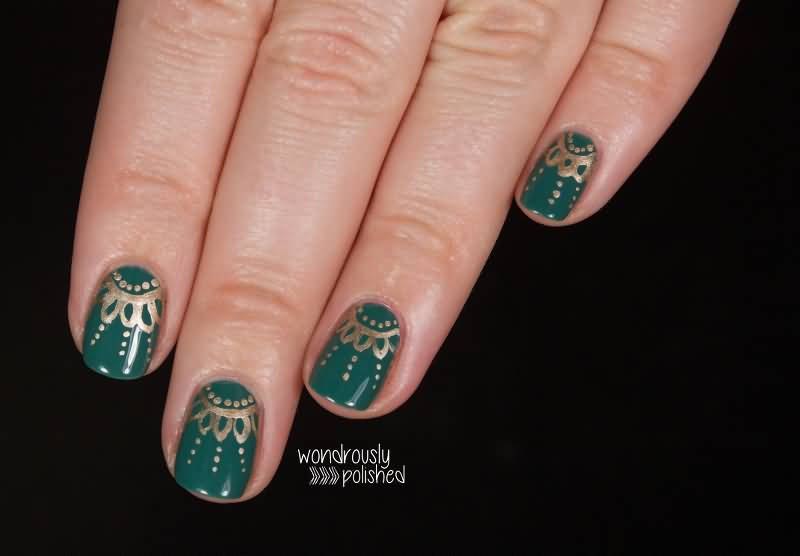 Green Nails with Gold Design Nail Idea