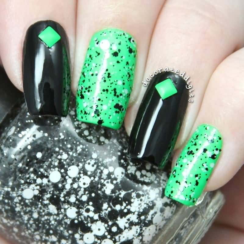 Green Neon Nails With Black Dots And Caviar Beads Design