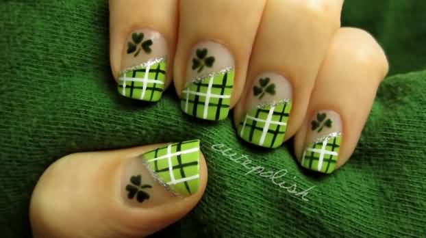 Green Plaid Nail Art With Clover Leaf Design