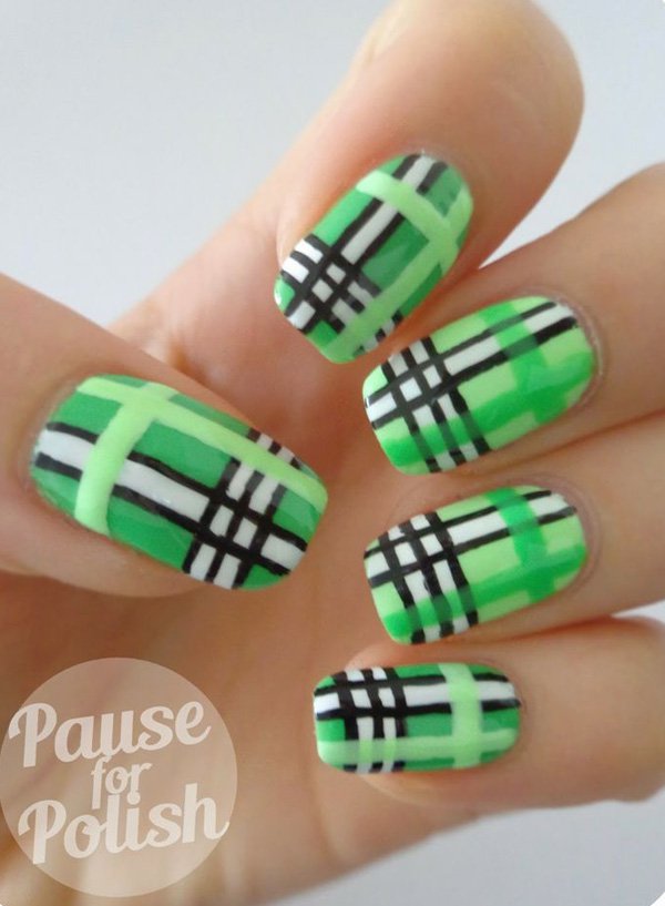 Green Plaid Nails With Black And White Stripes Design