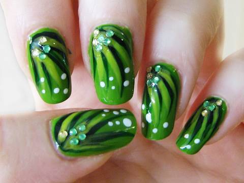 Green Stripe And Dots Nail Art With White Dots Design Idea