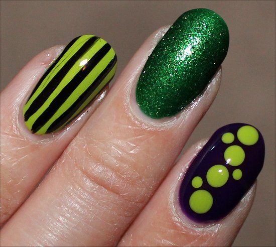 Green Stripes, Polka Dots Shining Nail Art Design