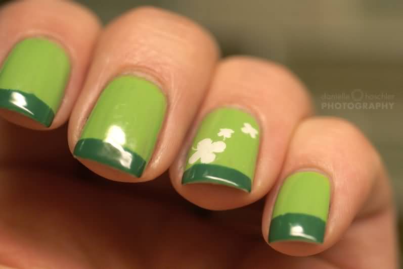 Green Tip Nail Art With White Shamrock Flower Nail Art