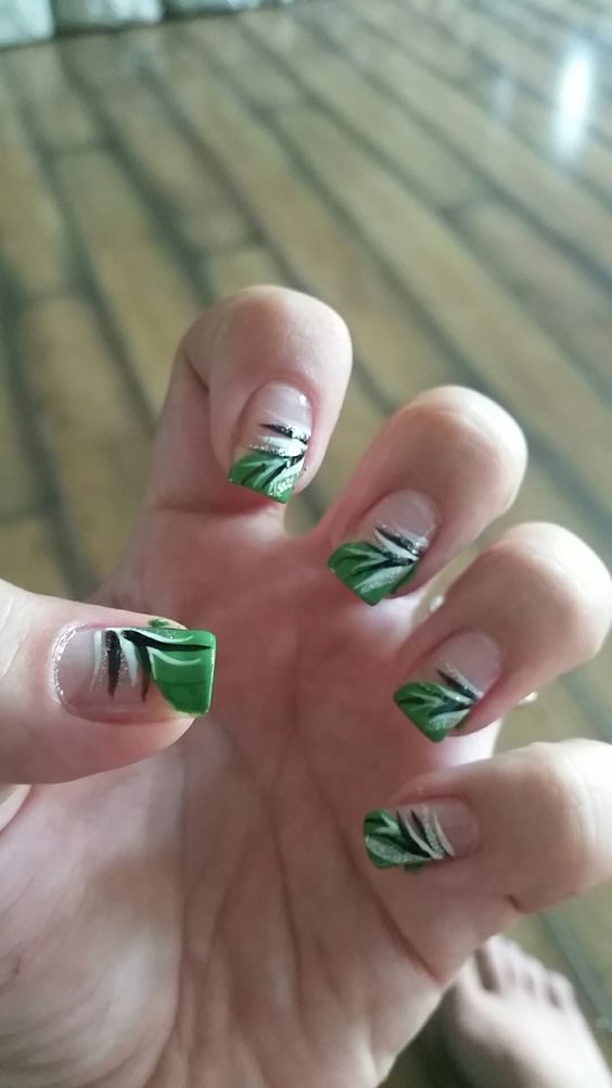 Green Tip Nails With Black And White Stripes Design Idea