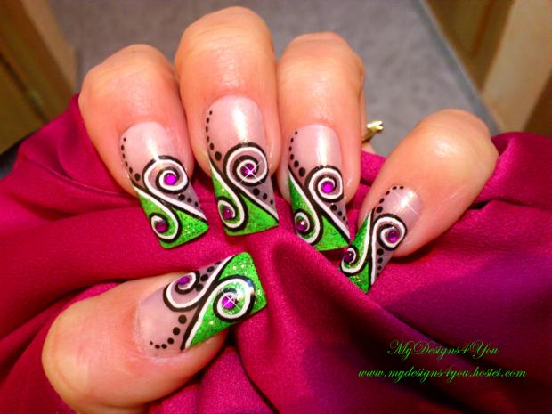 Green Tip Nails With Black And White Swirl Design With Pink Rhinestones