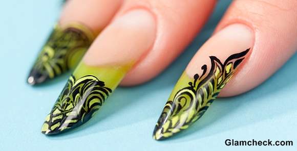 Green Tip Nails With Black Floral Design Idea