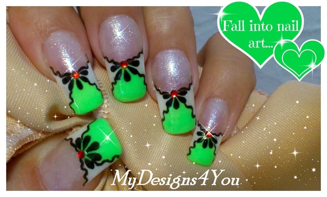 Green Tip With Black Floral Design And Red Rhinestones Nail Art
