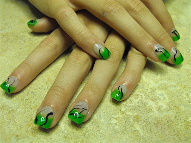 Green Tip With Black Stripes Design Nail Art