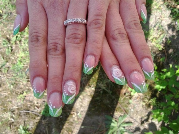 Green Tip With White Stripes And Flower Nail Art Idea