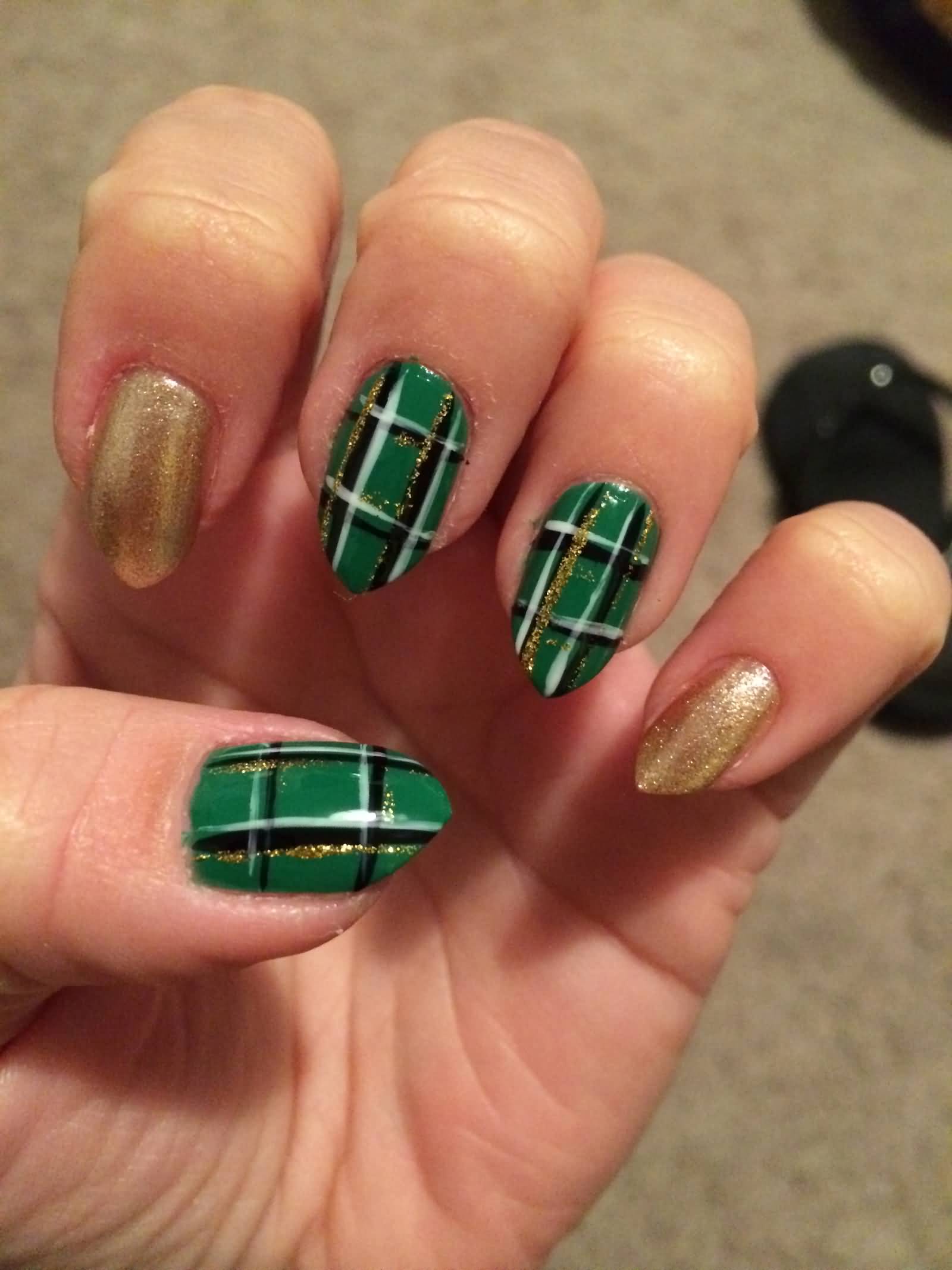 Green With Gold Stripes Plaid Design Nail Art Idea