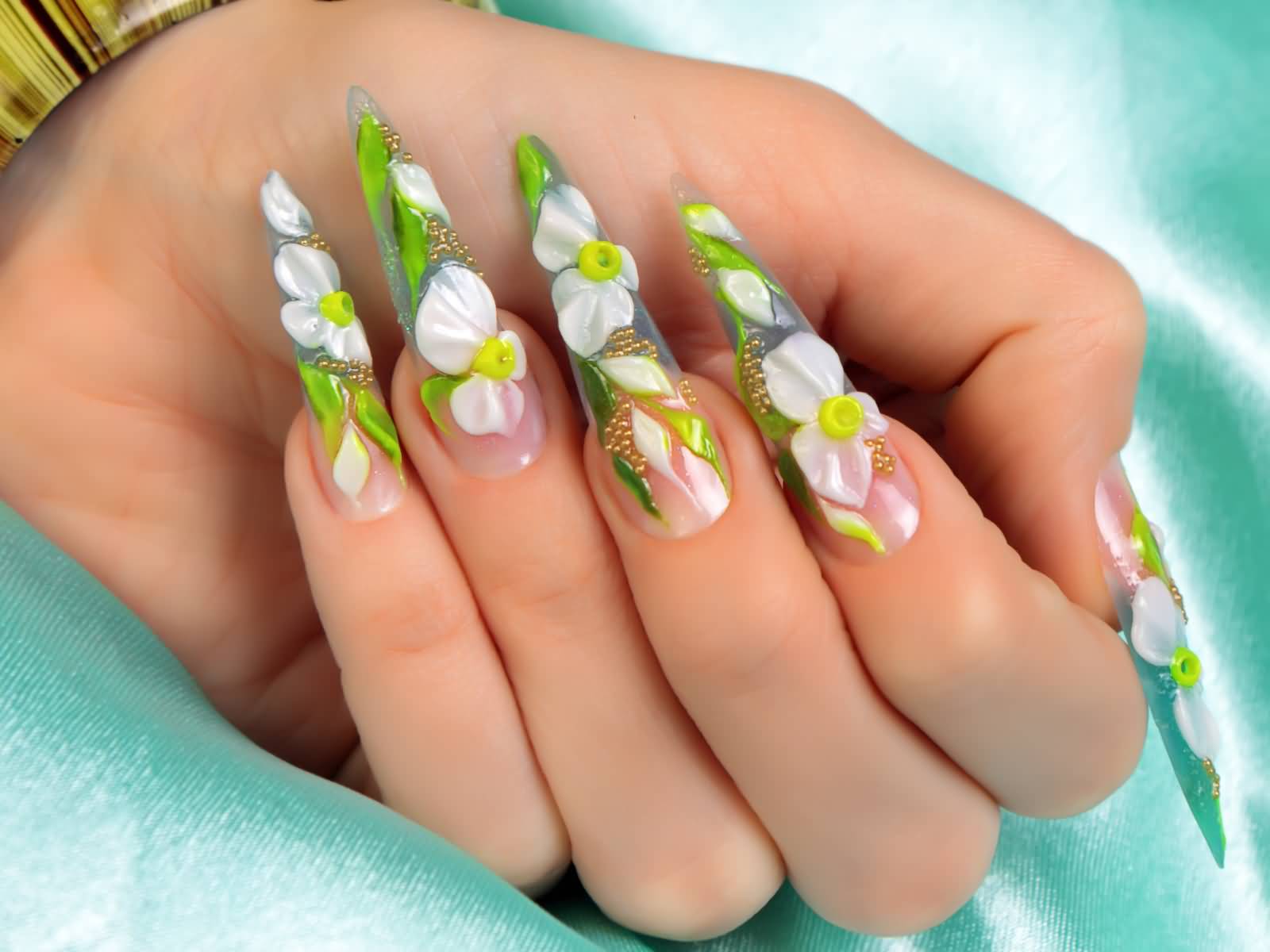 Green And White Flowers Long Nails