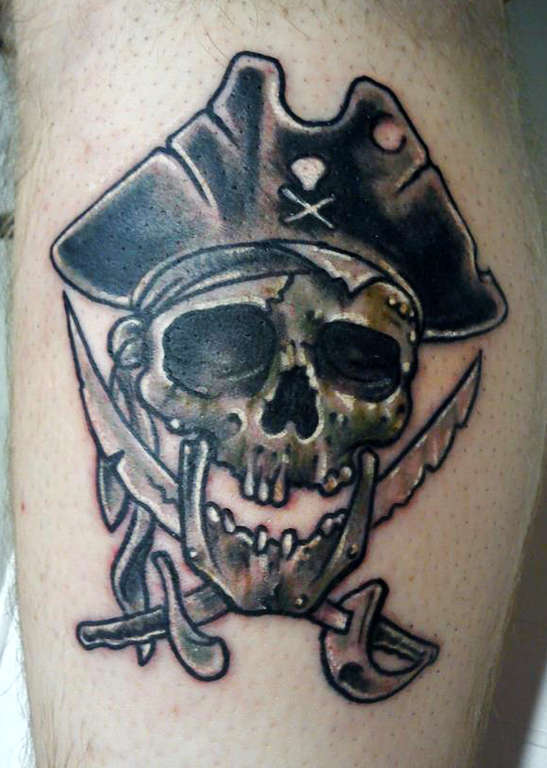 Grey And Black Captain Jolly Roger Tattoo