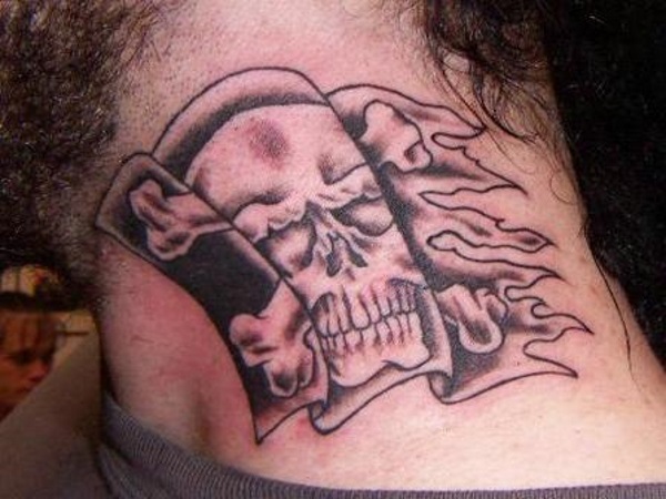 Grey And Black Jolly Roger Tattoo On Side Neck