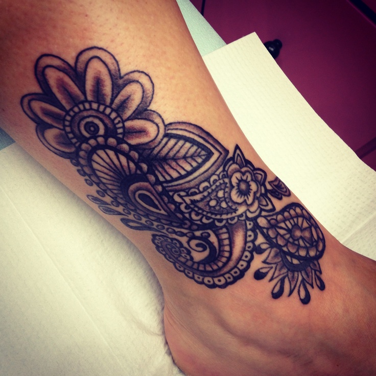 Grey And Black Paisley Flower Pattern Tattoo On Ankle