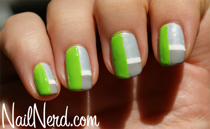 Grey And Green Nail Art With White Stripes Design