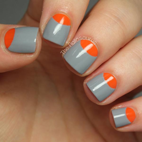 Grey And Orange Half Moon Nail Art Design Idea