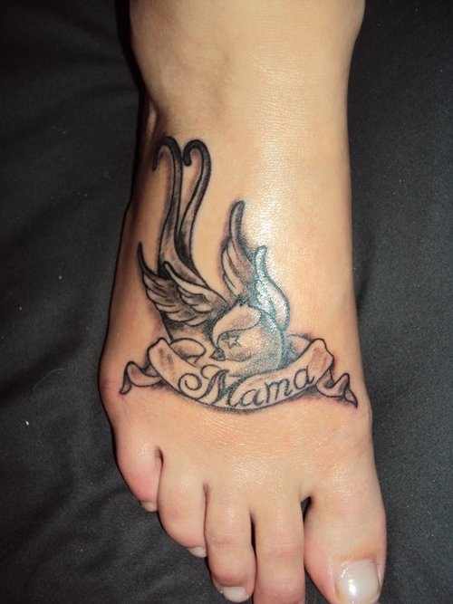 Grey Bird Mom Tattoo On Foot