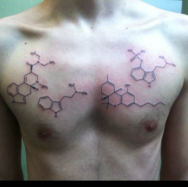 Grey Chemistry Equation Tattoo On Chest.