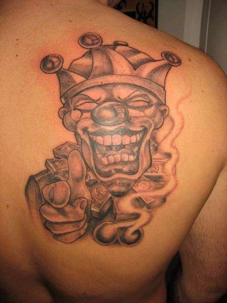 Grey Gangster Joker Tattoo On Upper Back