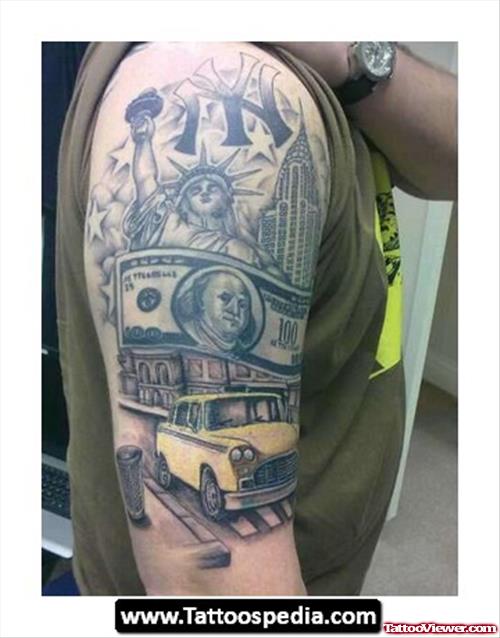 Grey Ink Gangsta City Tattoo On Right Half Sleeve For Men