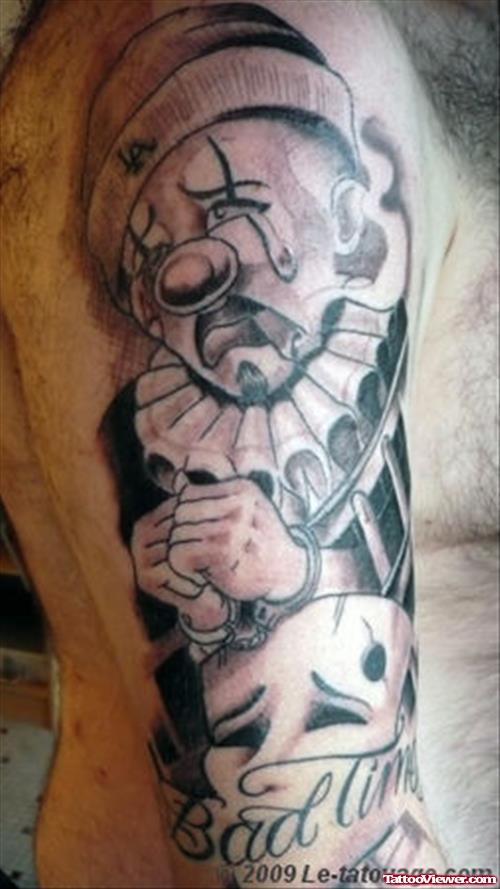 Grey Ink Gangsta Clown Tattoo On Right Full Sleeve