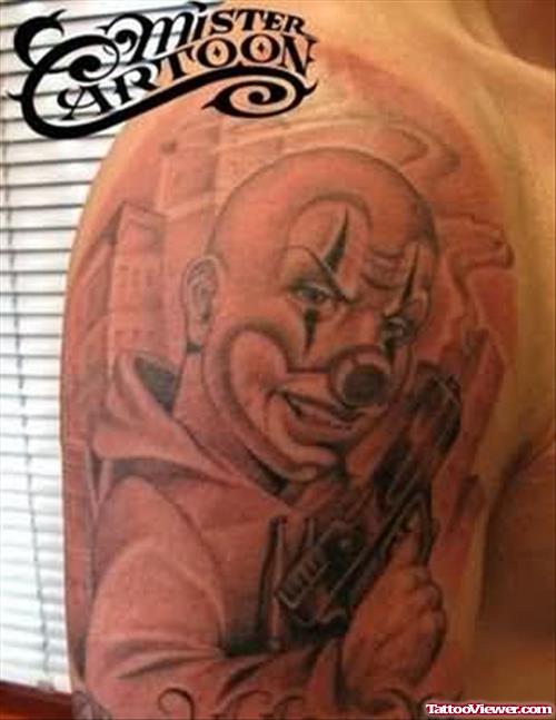 Grey Ink Gangsta Clown Tattoo On Right Half Sleeve