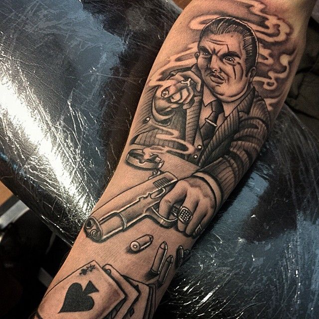 Grey Ink Gangsta Smoking Tattoo On Arm