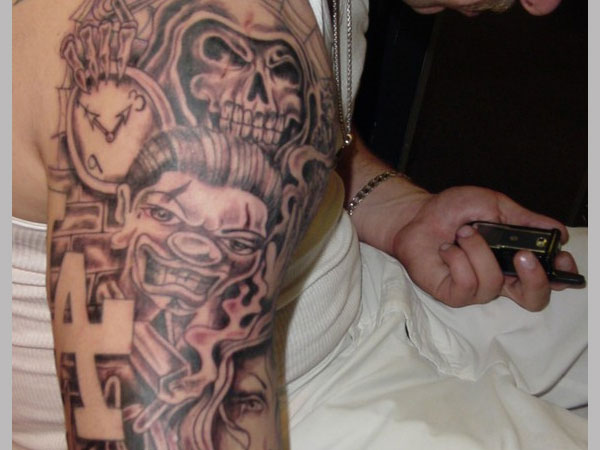 Grey Ink Gangsta With Pocket Watch Tattoo On Half Sleeve
