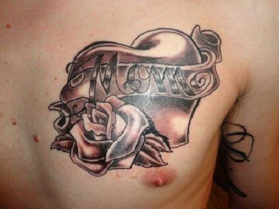 Grey Ink Mom Heart With Rose Tattoo On Chest