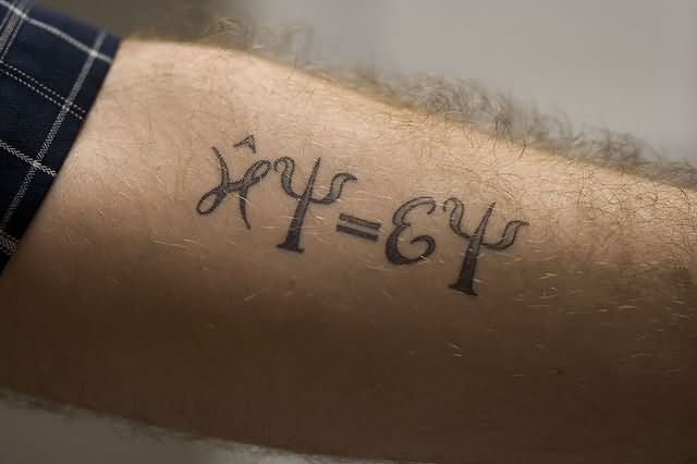 Grey Ink Physics Equation Tattoo On Left Forearm