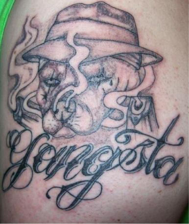 Grey Ink Smoking Dog Gangsta Tattoo
