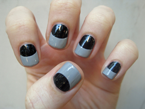 Grey Nails With Black Half Moon Nail Art