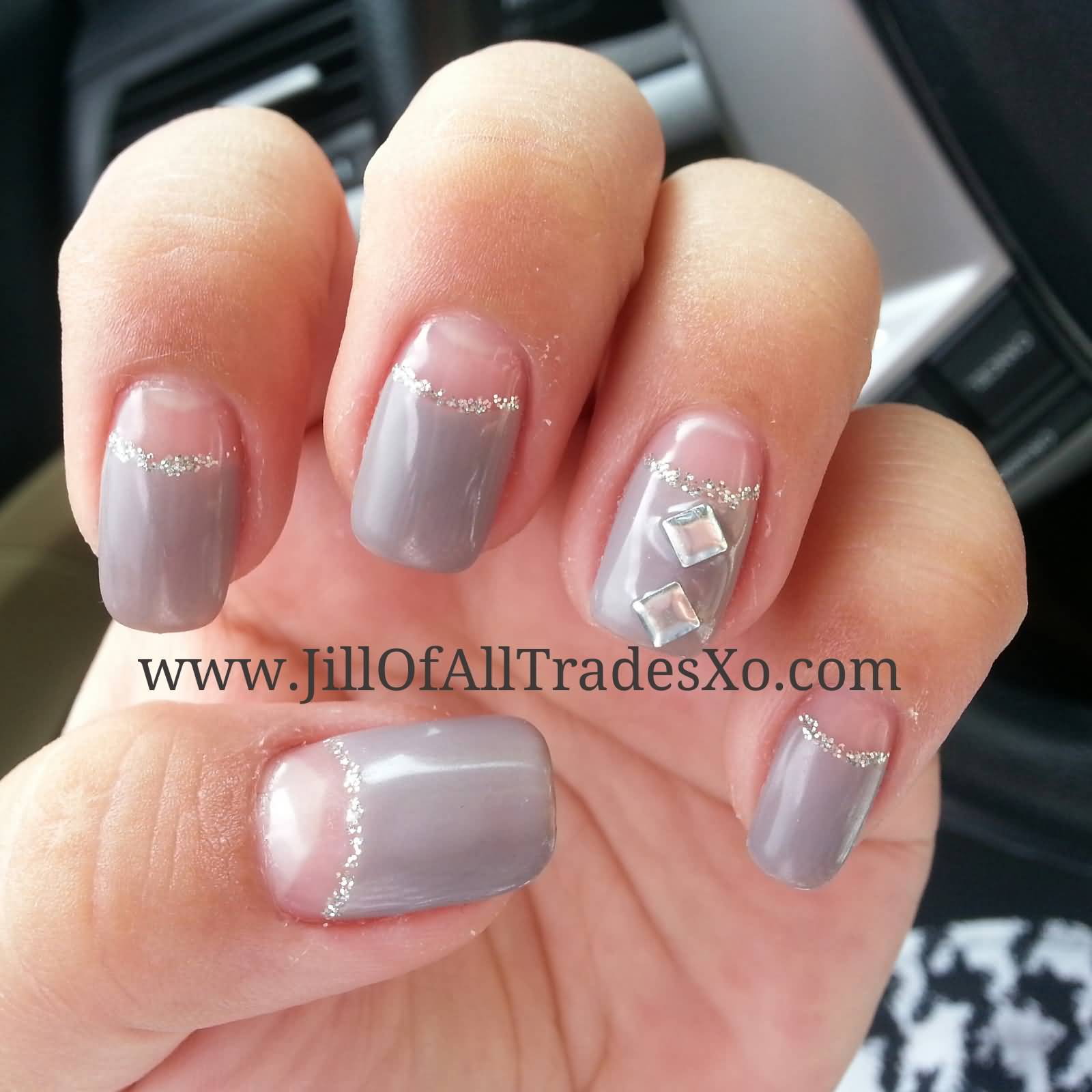 Grey Nails With Half Moon Nail Design And Studs Design