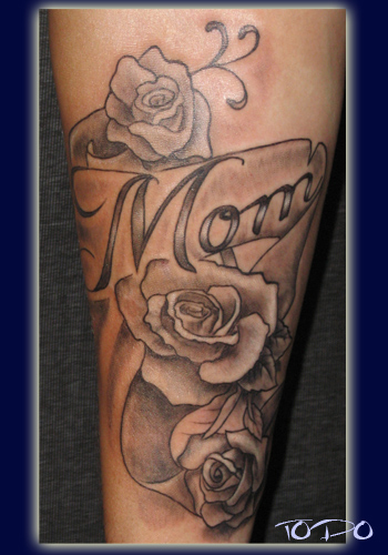 Grey Rose Flowers With Mom Banner Tattoo On Arm Sleeve