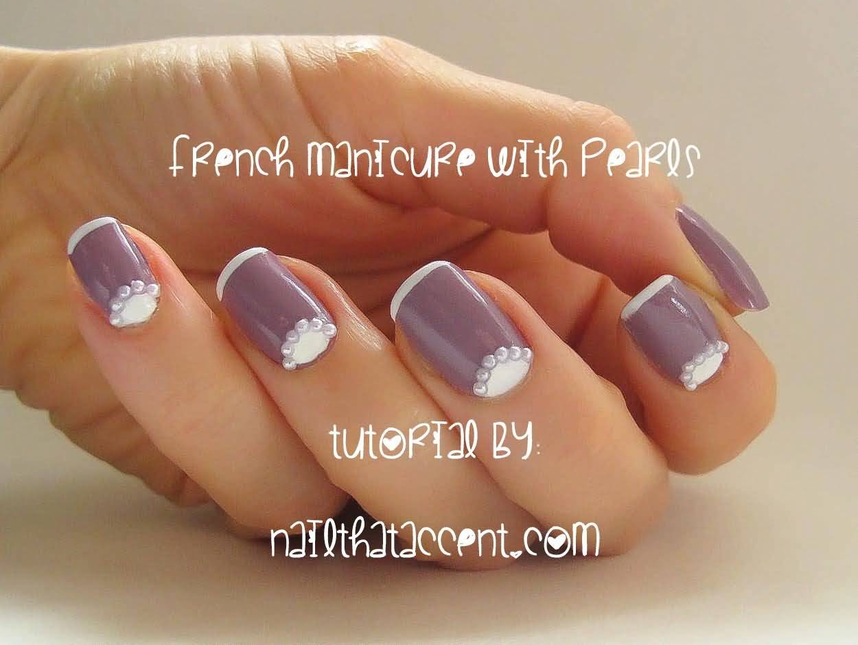 Half Moon French Nail Art With Pearls Design