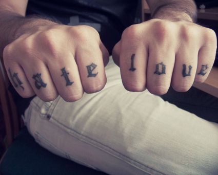 Hate Love Words Tattoo On Both Hand Fingers